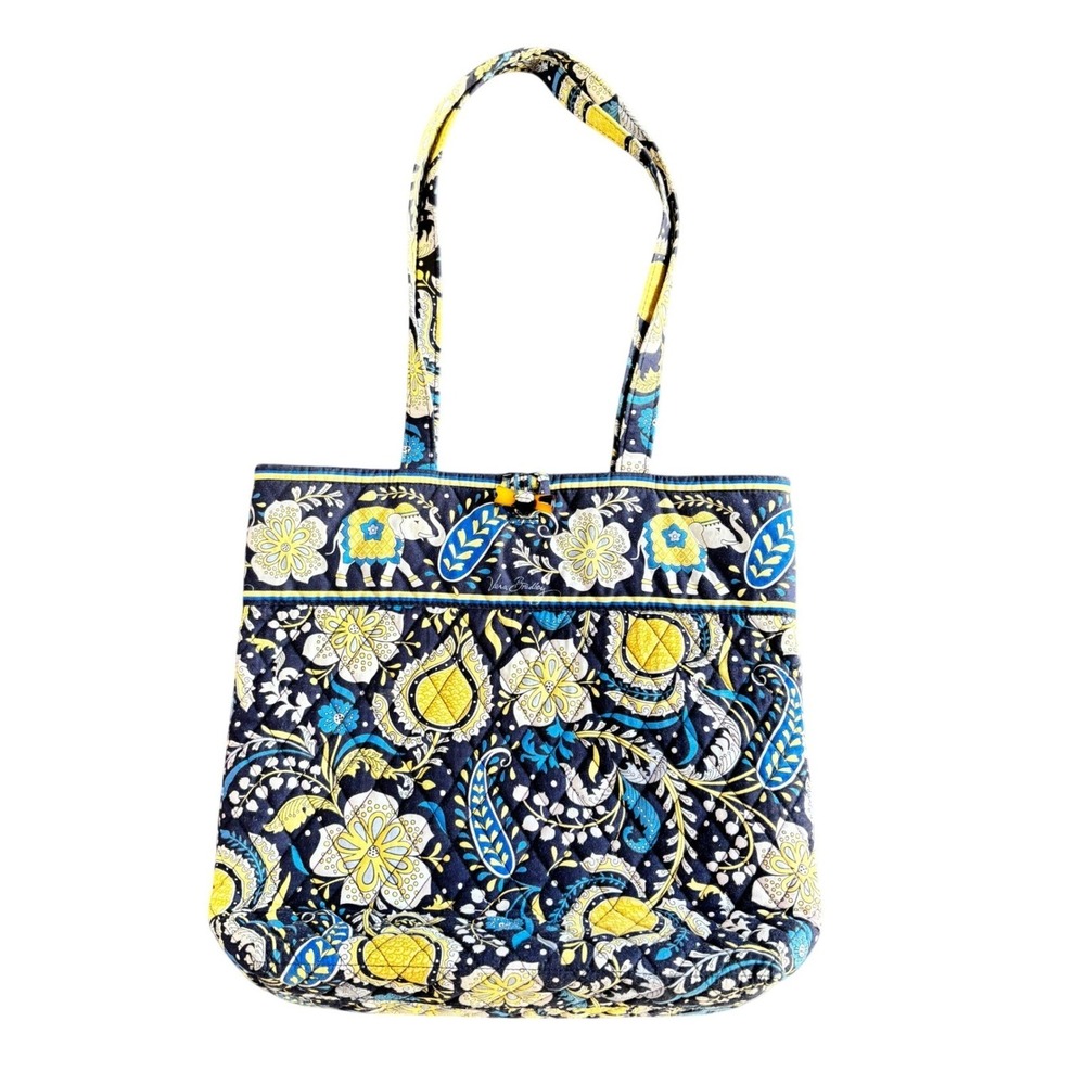 Vera Bradley Quilted Cotton Elephant Paisley Tote Bag Navy Yellow Floral Toggle